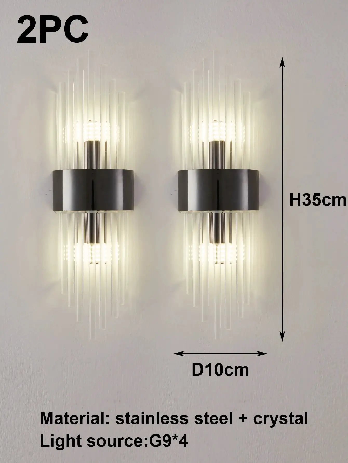 Crystal wall sconces, 2-piece set in gold and black stainless steel with crystal tubes and G9 bulbs.