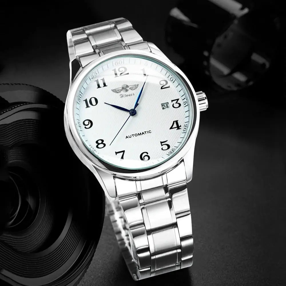 Winner men's stainless steel watch with white dial, blue hands, date window, automatic movement.