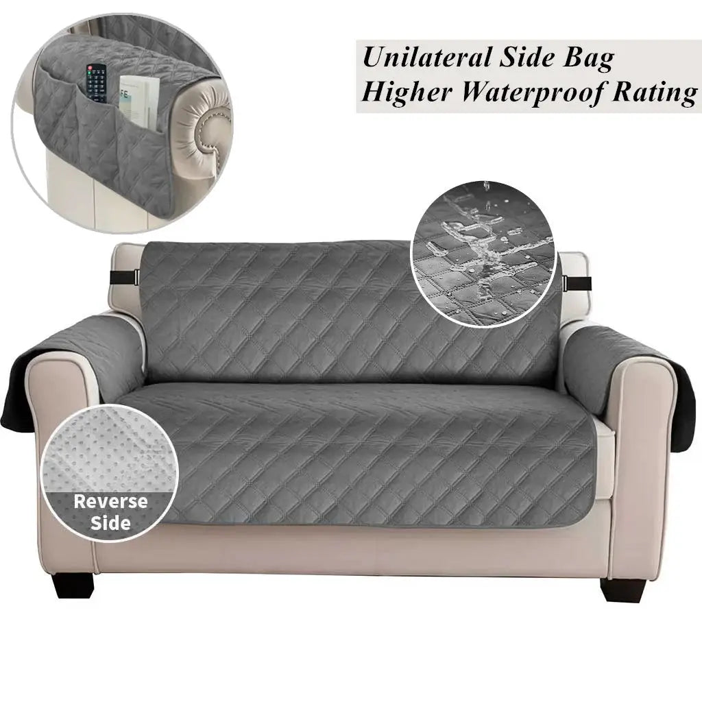 Sofa slipcover waterproof quilted grey for 1-4 seater with elastic strap