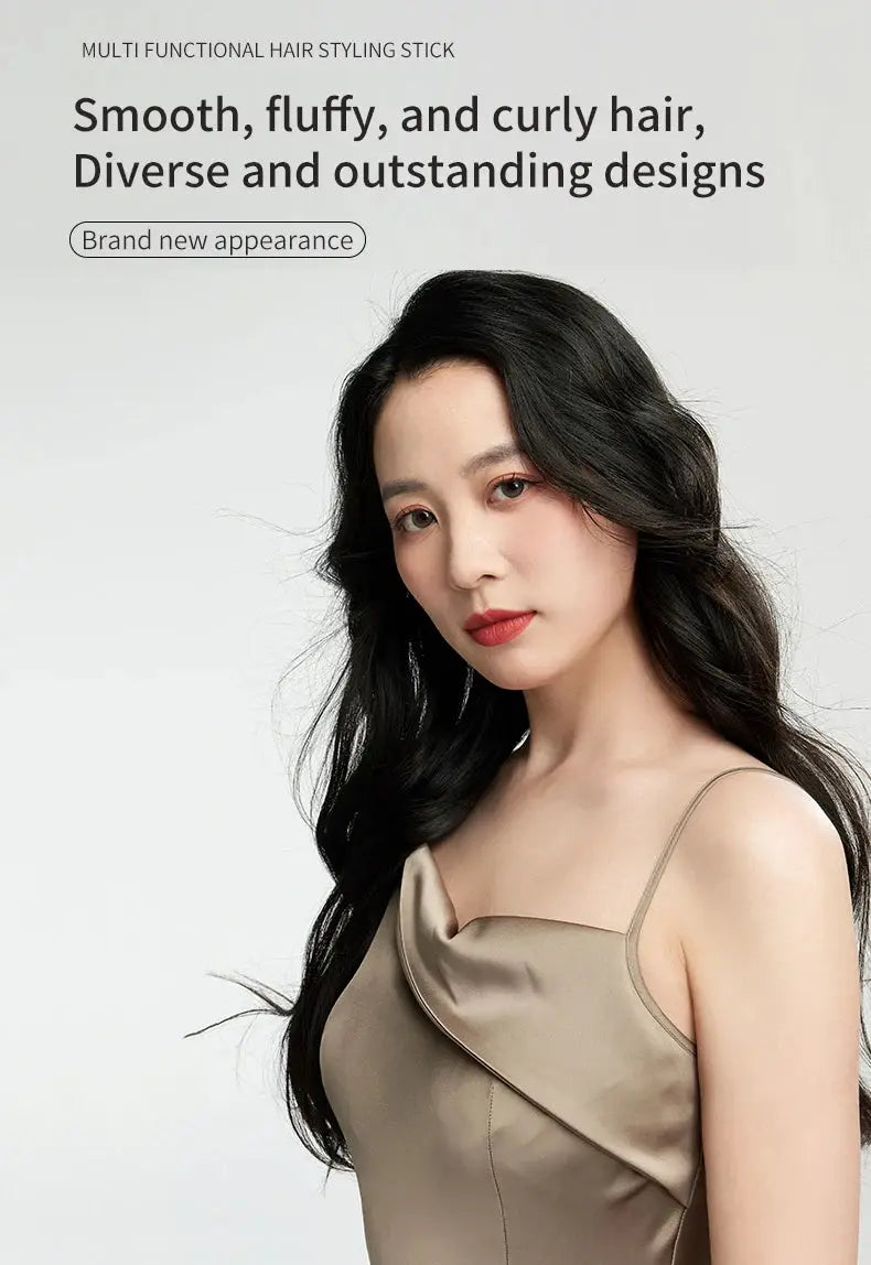 SenCiciMen X9 multi hair styler ad featuring a model with long black hair and a beige dress.