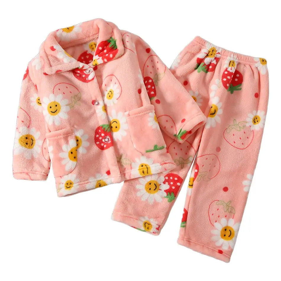 Cute Cartoon Pattern Coral Fleece Flannel Pajama Sets For Boys And Girls Long Sleeve Warm Comfortable Winter Sleepwear