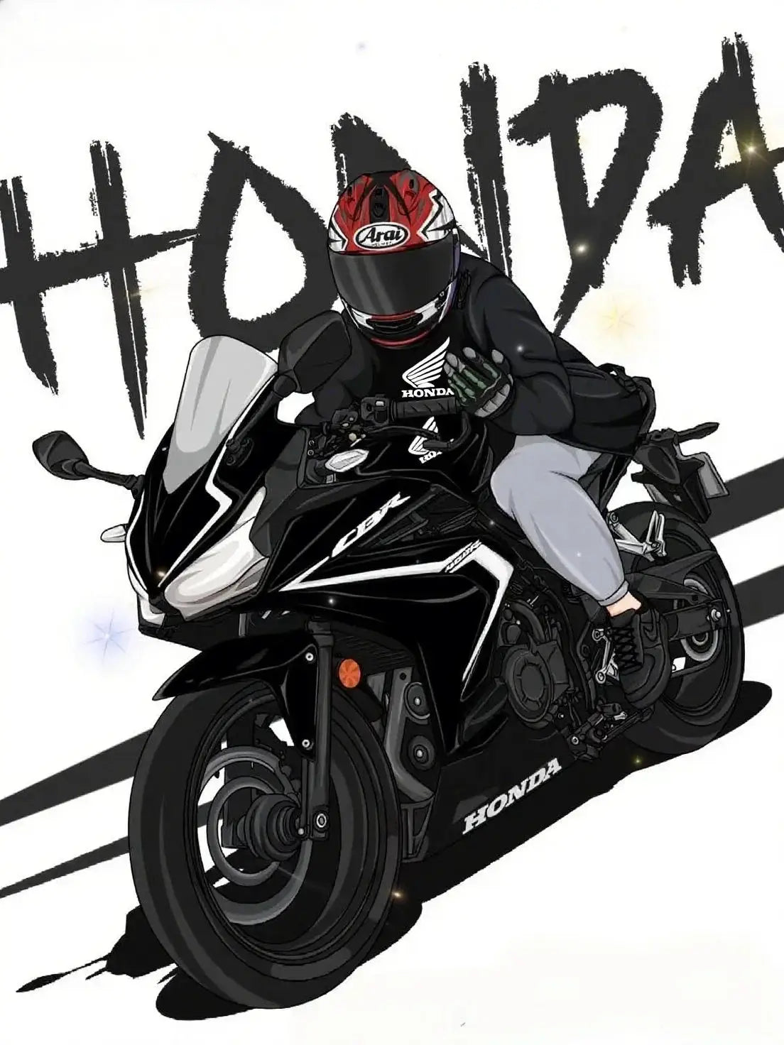 Cycling sweatpants worn by rider in Honda motorcycle illustration; grey joggers and black jacket