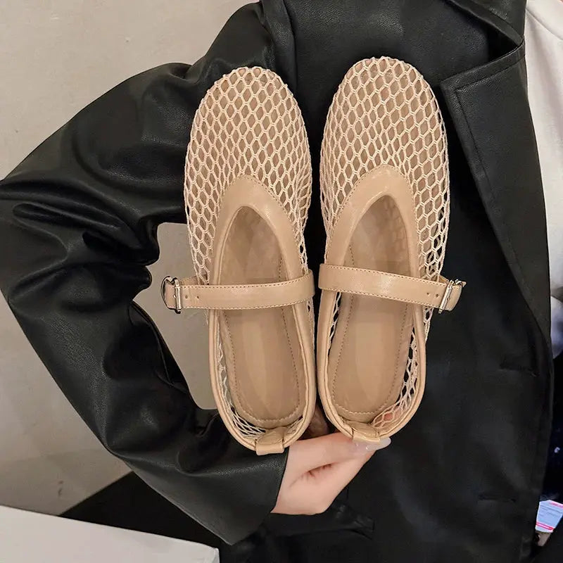 AeroWear Cut Out Mary Jane Flats Breathable Air Mesh Upper With Fishnet Design For All Day Comfort