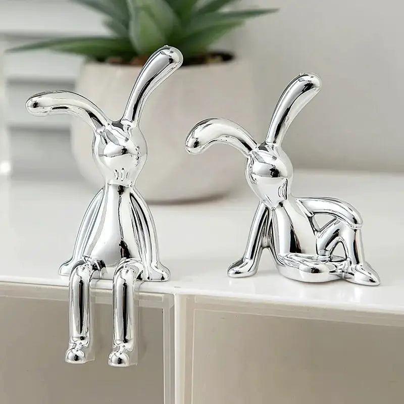 2 Piece Long Eared Rabbit Statues Set Cartoon Silver Electroplated Desktop Ornament for Home Living Room Car Decor