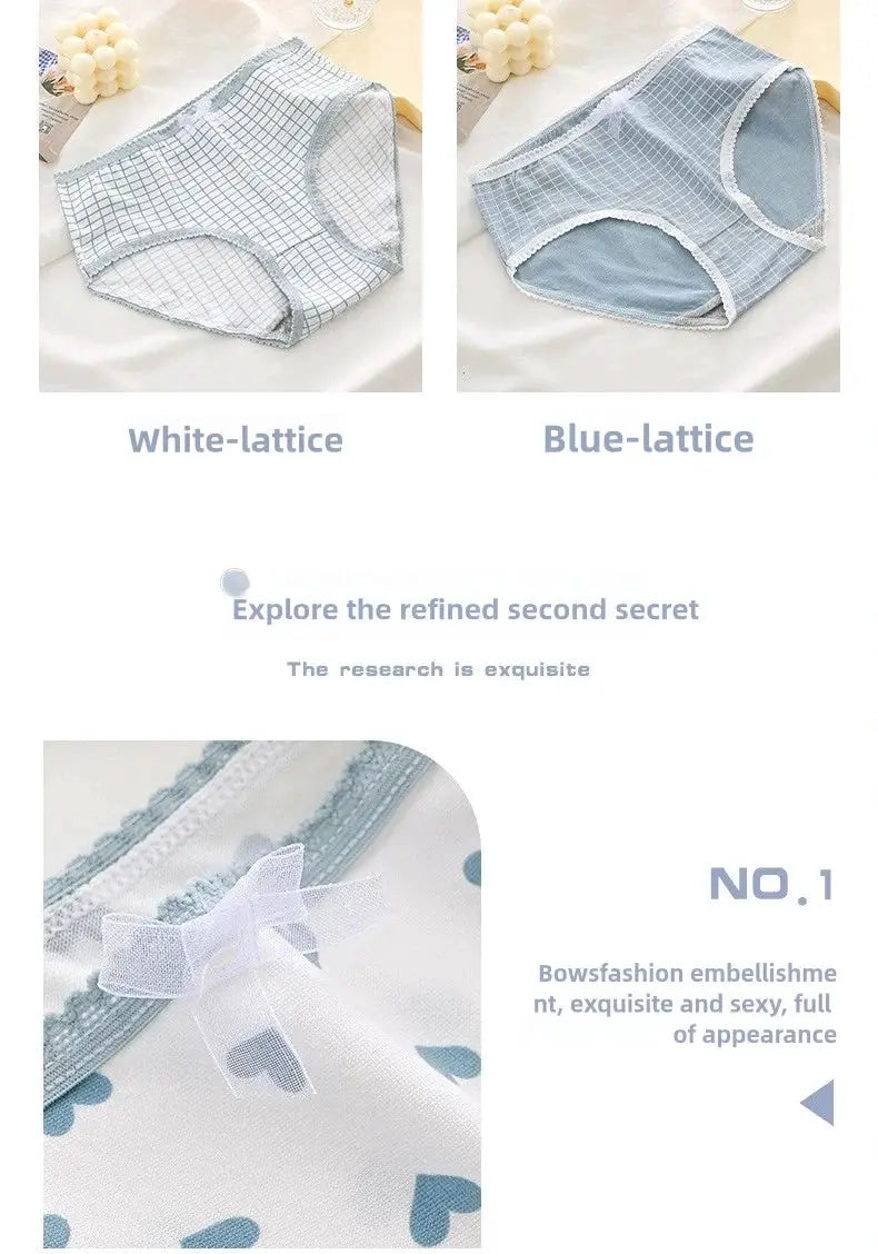 5pc women's cotton panties set in white-lattice and blue-lattice prints with bow accents.