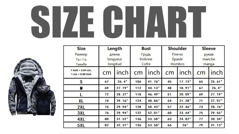 Men's navy fleece-lined hooded winter jacket with zipper; includes size chart