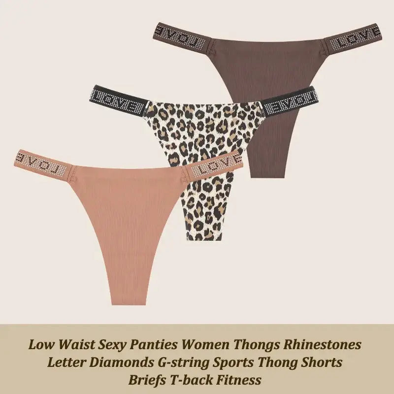 Simples Market 3-pack low-waist thong underwear set in brown, leopard, and nude with rhinestone LOVE waistband