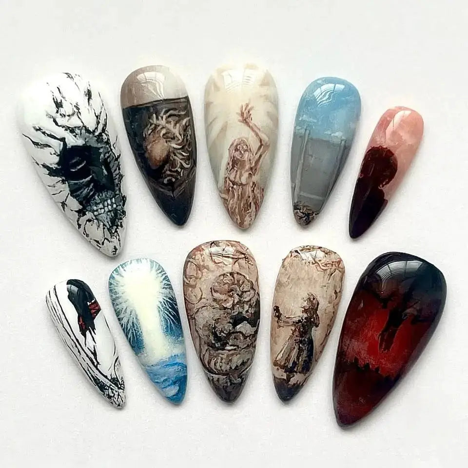 Spicy Girl Flower Print Press On Nails 24Pcs Wine Red Blush Almond Wearable Reusable False Nail Tips For Summer