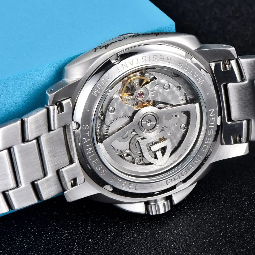 PAGANI DESIGN men's automatic skeleton watch, stainless steel bracelet, transparent case back