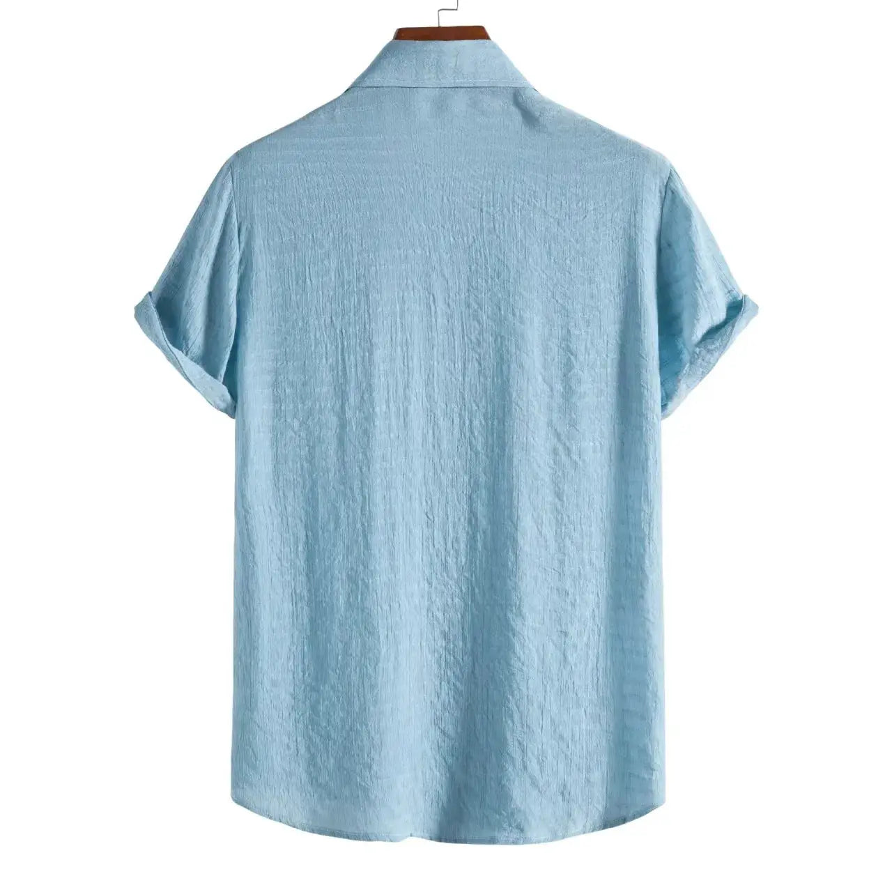 Men's light blue short-sleeve linen shirt on hanger, breathable casual top