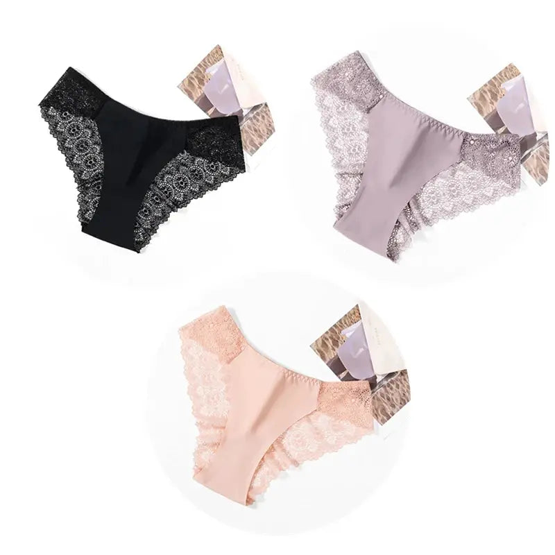 Simples Market 3-pack women's satin lace panties in black, lavender, and peach