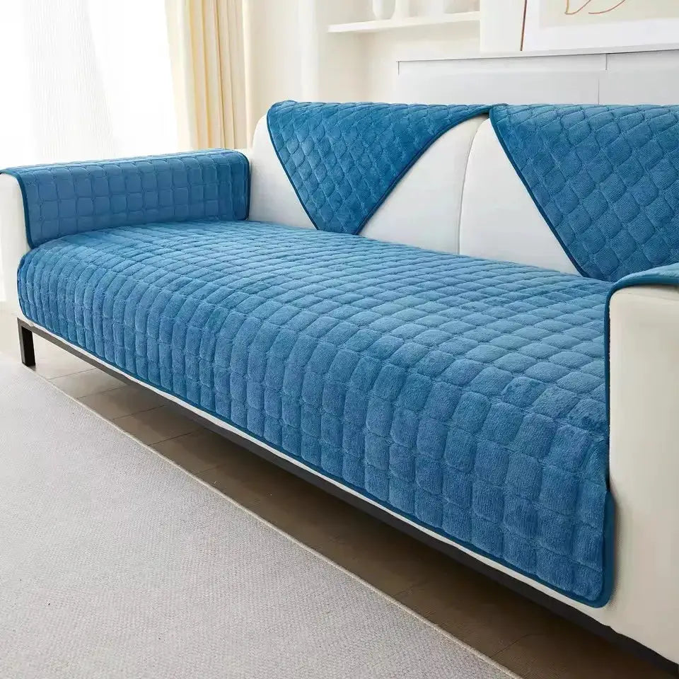 Blue flannel plaid sofa cover set, quilted and non-slip with backrest and cushioned seat protection