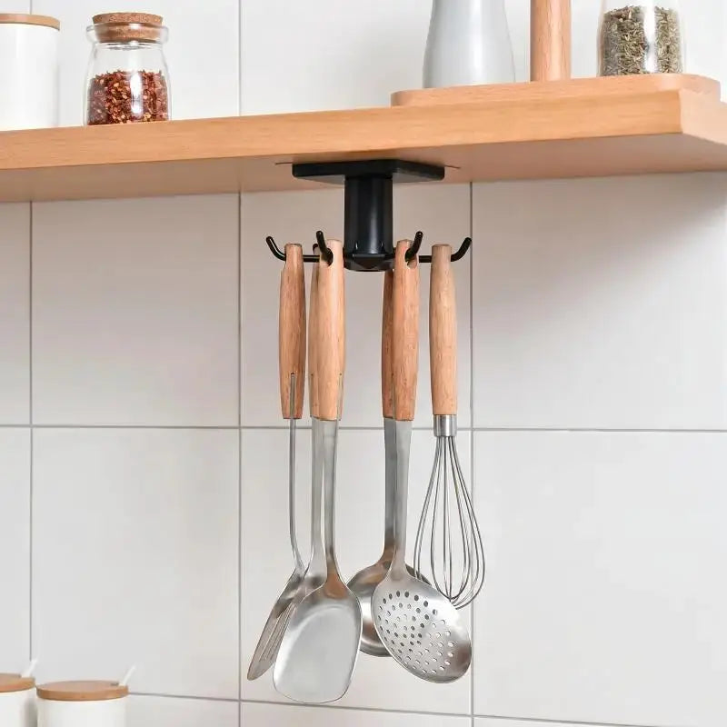 360° rotating adhesive kitchen utensil rack with 6 hooks under cabinet; wood-handled spoons, spatula and whisk