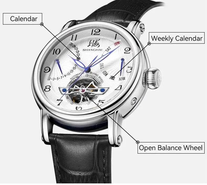 Shanghai Watch 42mm automatic mechanical wristwatch with open balance wheel and calendar