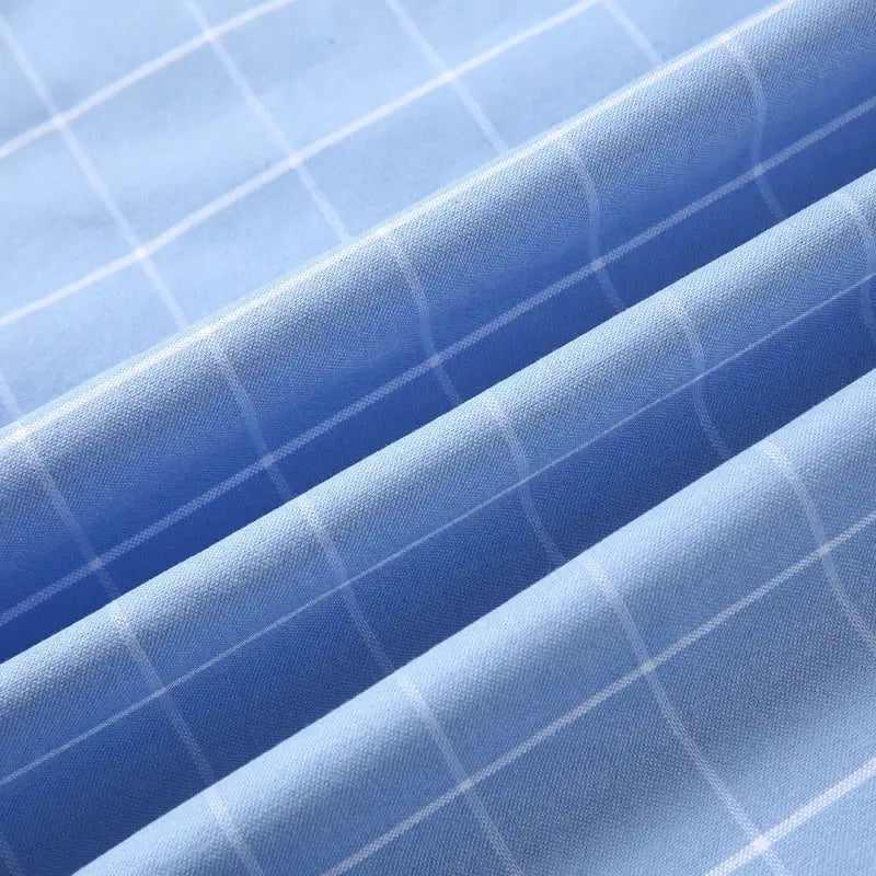 Men's Oxford shirt by Simples Market; 100% cotton, light blue plaid fabric, short sleeve