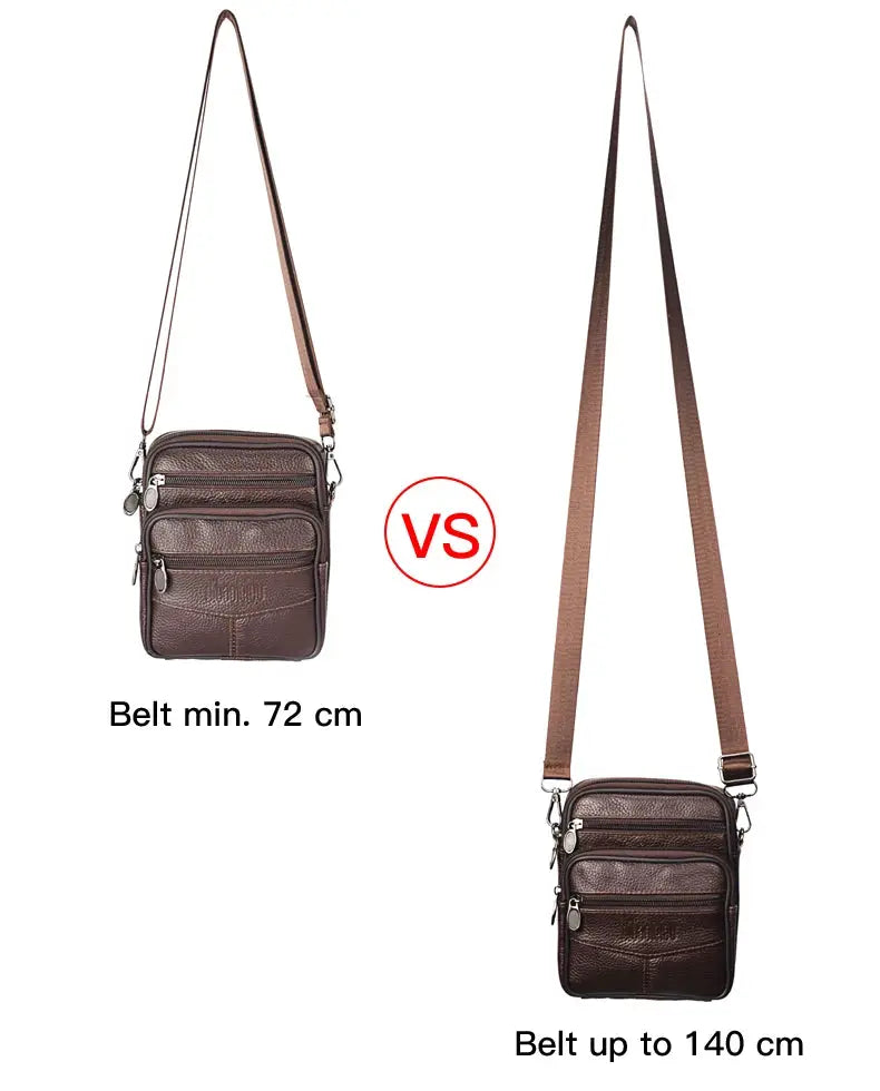 Simples Market men's genuine leather crossbody bag with zipper pockets, brown, adjustable strap; two strap lengths