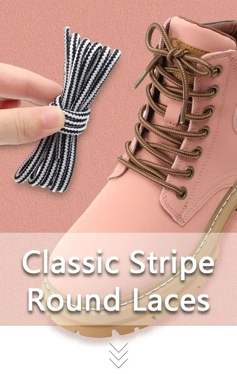 Round cotton shoelaces with black/white stripes and brown laces on pink boot