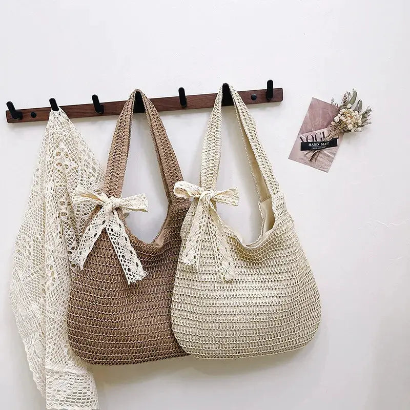 Simples Market rattan women's shoulder bags; woven straw totes in cream, beige and brown with bows (three-bag set)