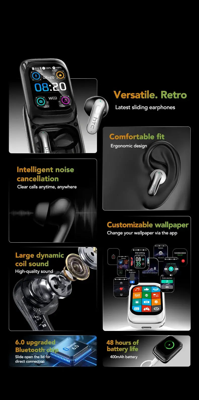 HTC NE48 TWS wireless earbuds pair with charging case in black and silver