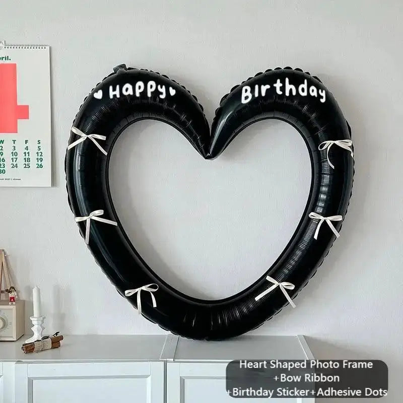 Happy Birthday Heart Photo Frame Balloon With Bowknot Stickers Photo Props For Party And Wedding Decoration