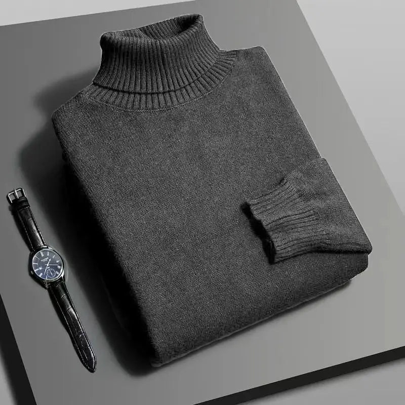Autumn Mens Knitted Turtleneck Sweater Slim Fit Long Sleeve Anti Pilling Pullover Solid Color Streetwear