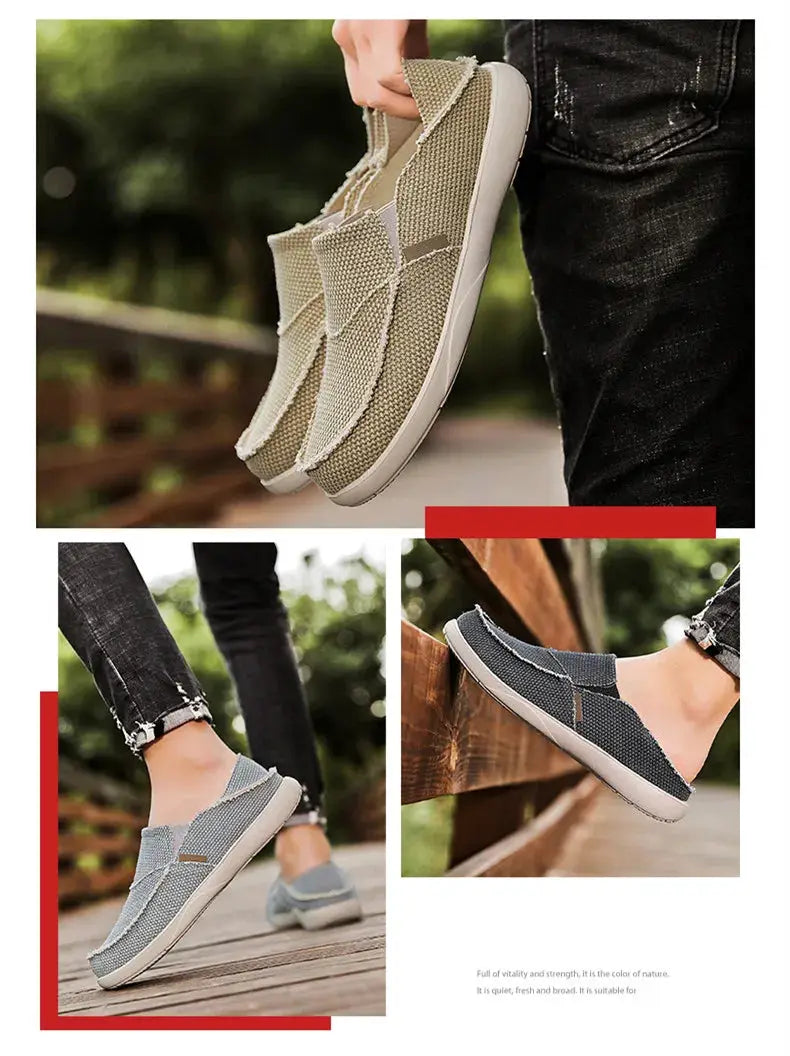 Men's canvas slip-on shoes by Simples Market in beige and gray, lightweight casual loafers (three color variants).