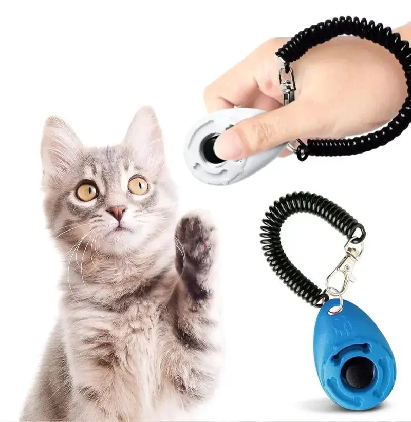 Adjustable dog training clicker set by Simples Market with black wrist strap and blue keychain for cats, puppies and birds.