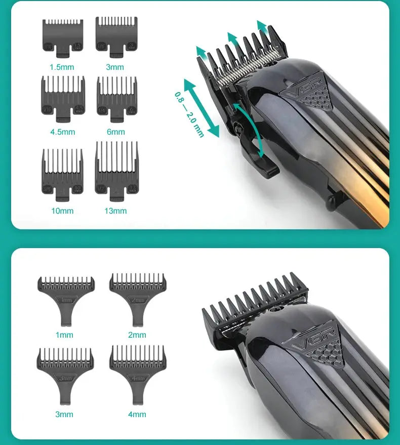 VGR 644 gradient hair clipper by Simples Market with 1mm–13mm attachment combs in black gradient finish.