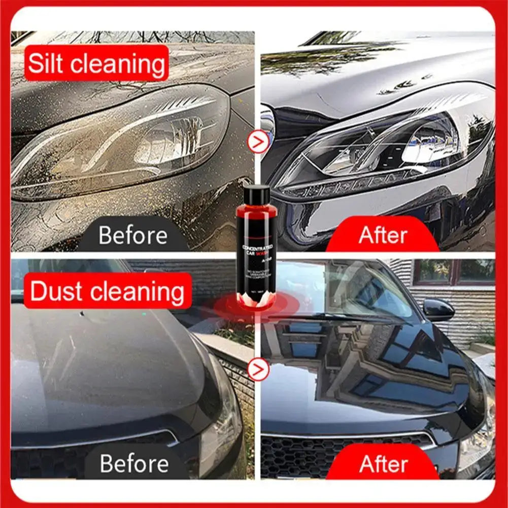 Car cleaning foam liquid 100ml by Simples Market; high-concentration auto wash with before/after shine on cars.