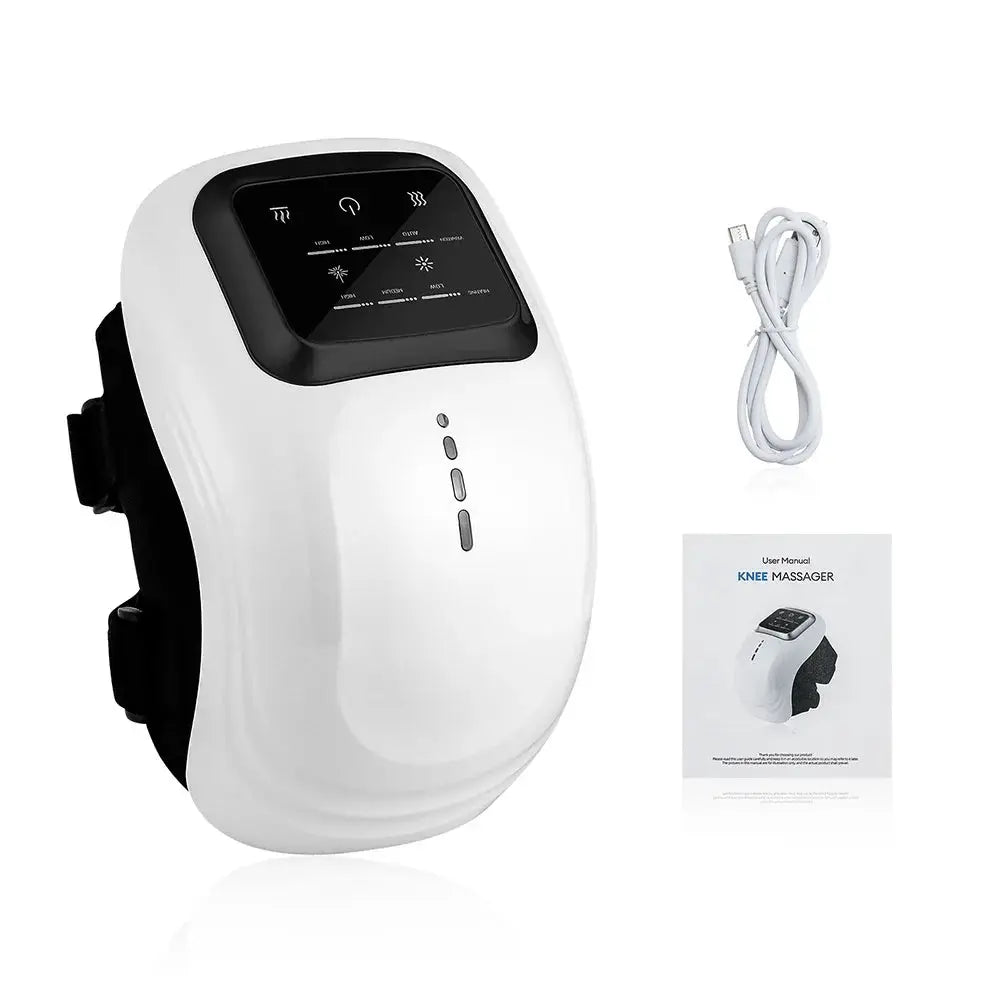 foreverlily Smart Knee Massager in white with touchscreen control panel, USB cable and user manual