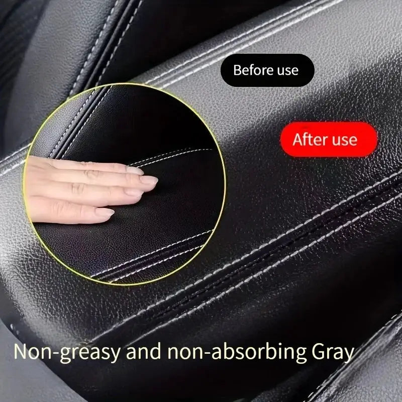Simples Market leather care oil on car interior leather seat; before/after shows non-greasy gray finish.