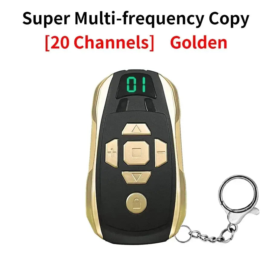 20-channel rechargeable remote duplicator with black center and gold side trim, key ring included