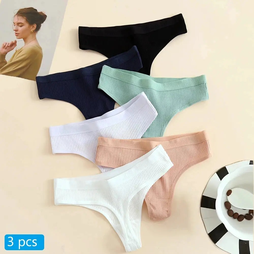3-piece cotton low-waist panties set with T-back styling in assorted solid colors