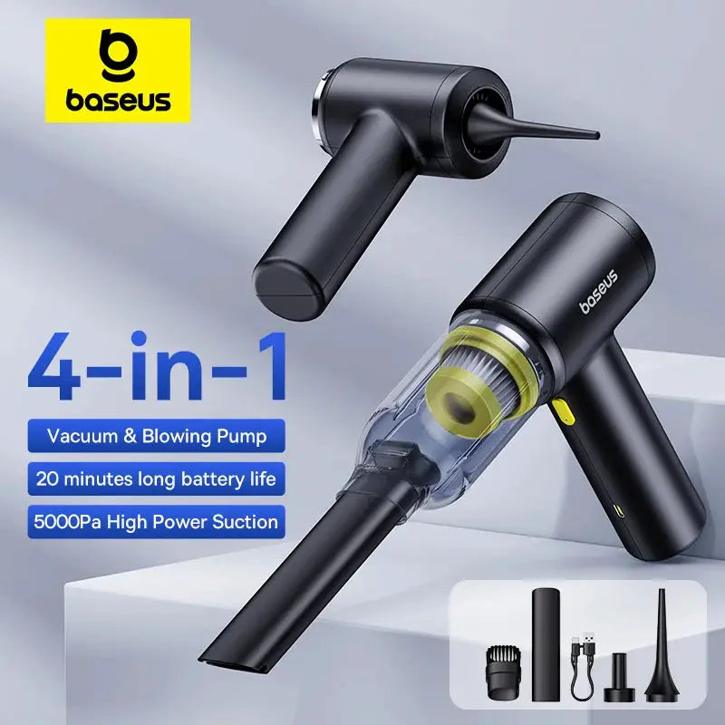 Baseus 4-in-1 cordless car vacuum cleaner and blower, black with transparent canister; bundle includes 5 accessories