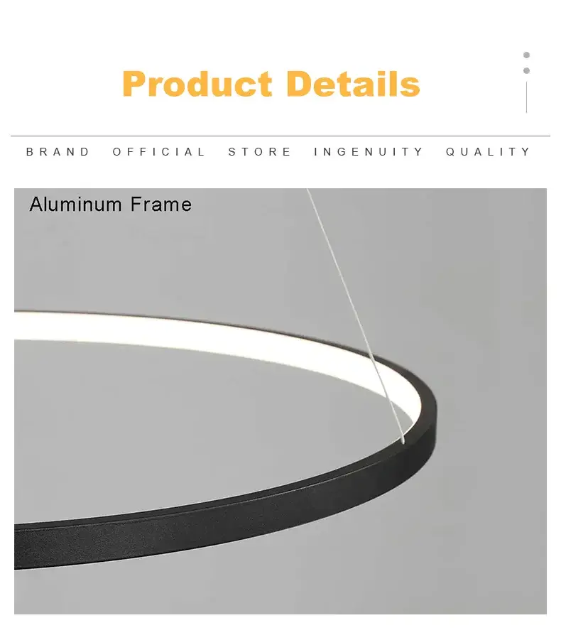 Modern round LED pendant light with black aluminum frame and white illuminated inner ring