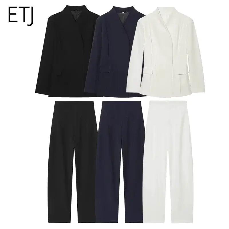 ETJ 2025 women's slim suit jacket & matching trousers set in black, navy, and white by Simples Market