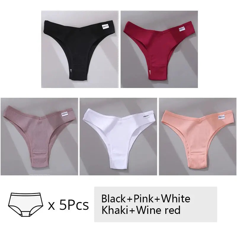 Simples Market FINETOO 5-pack cotton Brazilian panties; V-waist T-back in black, pink, white, khaki and wine red