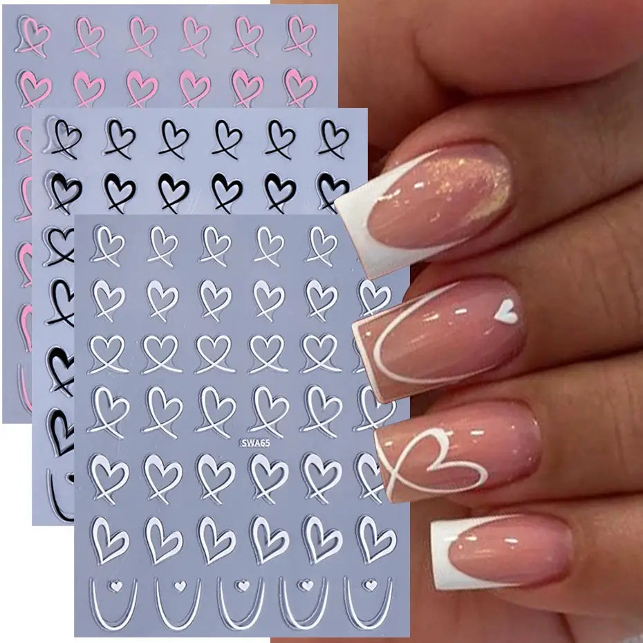 Valentine's Day nail art stickers 3-pack by Simples Market with white, black and pink heart-line decals for DIY manicure