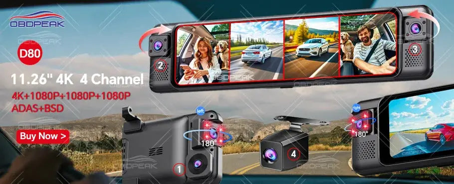 OBDPEAK K8 Pro dash cam with 11.3-inch touchscreen, front 5K rear 1080P cameras, CarPlay and Android Auto