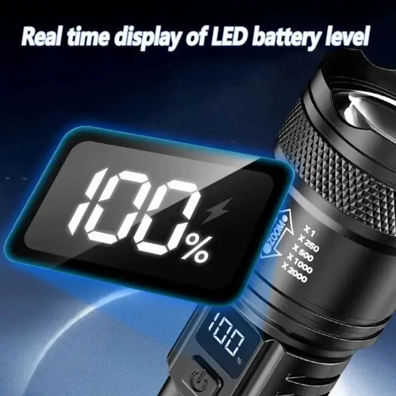 Rechargeable LED flashlight with LCD battery display and zoomable beam; black handheld outdoor light.