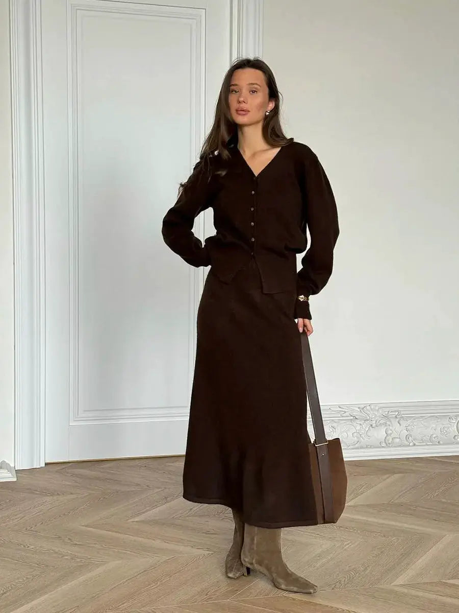 Hirsionsan Two Piece Set Women Polo Neck Cardigan And Midi Dress