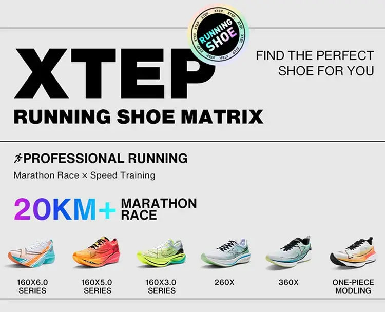 XTEP running shoes banner with six model thumbnails and 20KM+ Marathon Race graphic