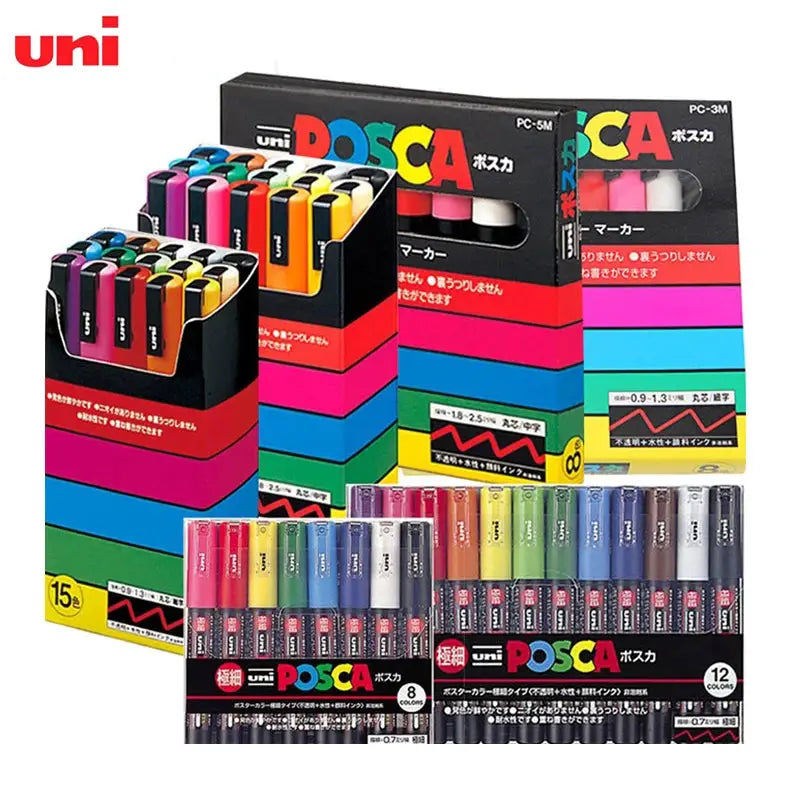 Uni Posca paint marker pens full set PC-1M/PC-3M/PC-5M with original vinyl case, Simples Market, multicolor markers