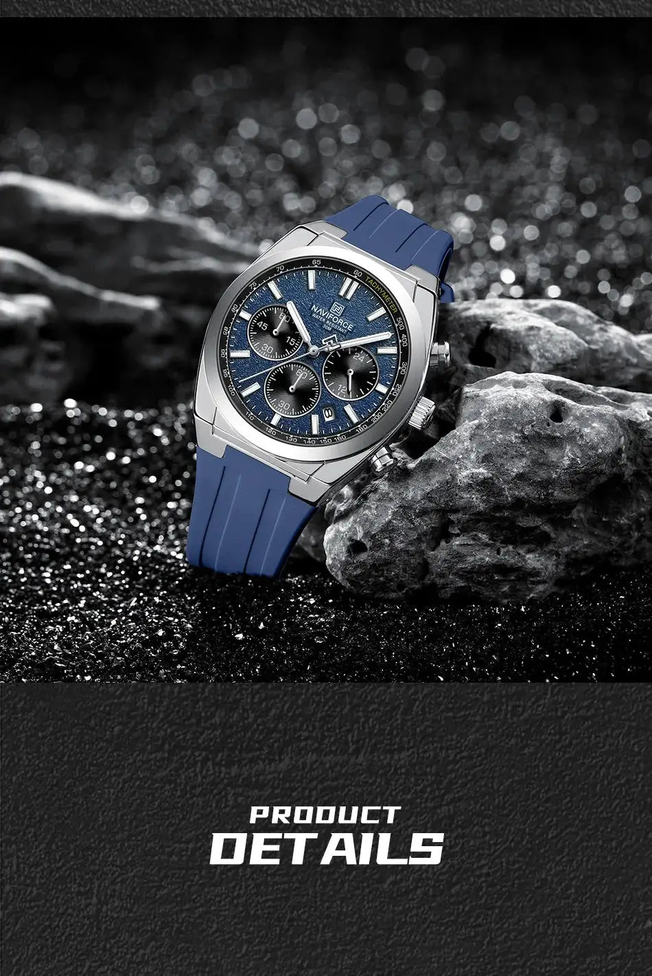 NAVIFORCE men's chronograph watch with blue dial and silicone strap, luminous hands, 30m waterproof