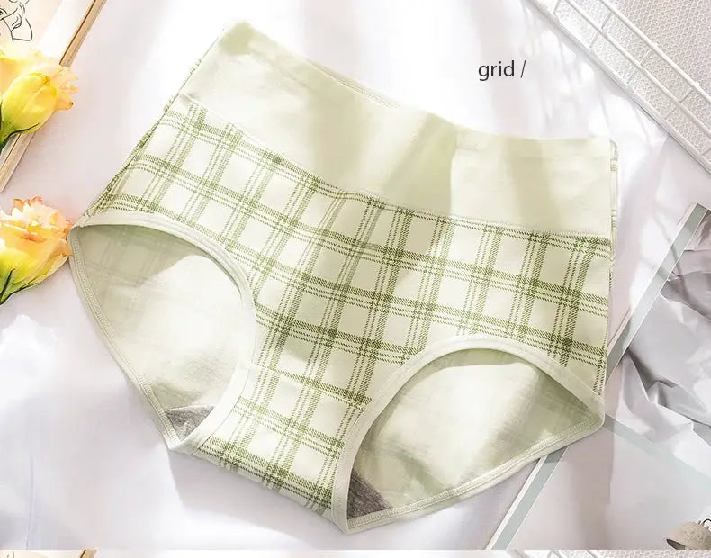 4-pc set of high-waist cotton panties in cream with green plaid print, breathable briefs by Simples Market