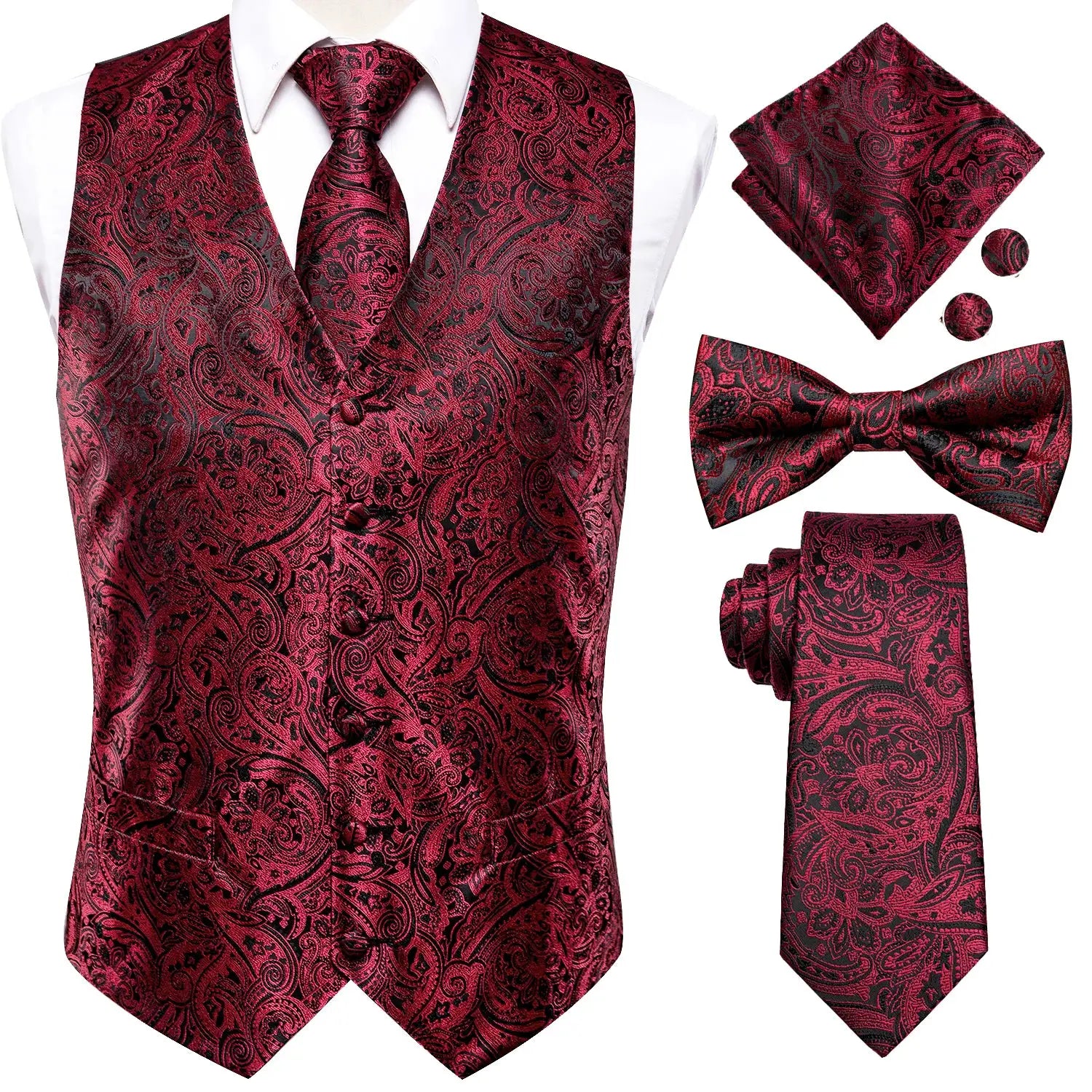 Mens burgundy paisley waistcoat set with tie and bow tie, hanky and cufflinks