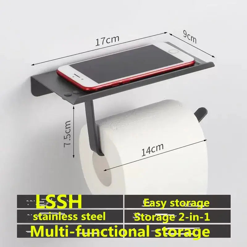 Stainless steel wall-mounted bathroom shelf with phone holder and toilet paper roll rack, no-drill installation.