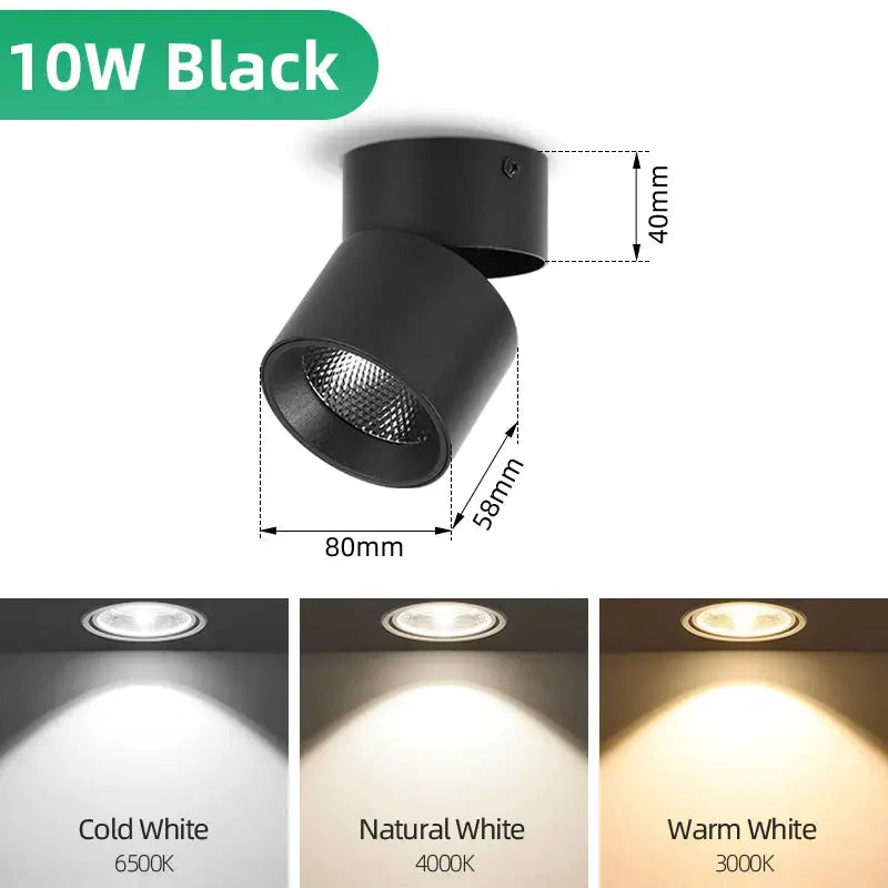 Spot Led Downlight 10W Black, surface-mounted ceiling light with 3 color temps (cool/natural/warm)