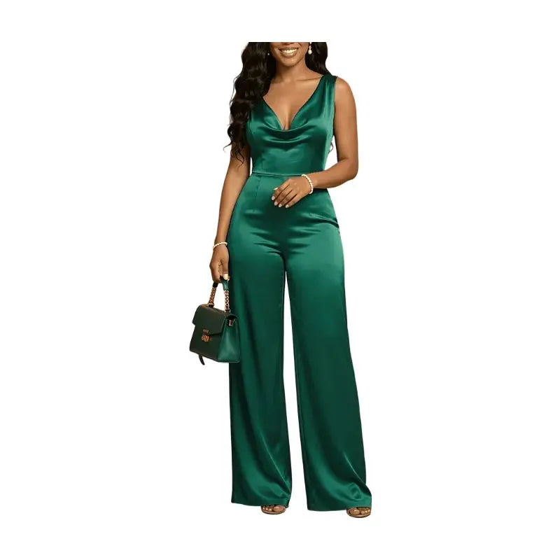 Simples Market women's green satin sleeveless V-neck cowl wide-leg jumpsuit