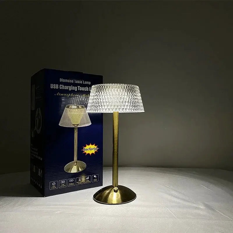 Simples Market rechargeable LED night light with brass-finish stem and diamond-pattern glass shade